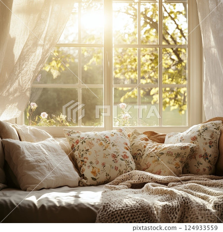 Cozy Window Corner with Floral Cushions - Soft and Inviting Home Interior 124933559