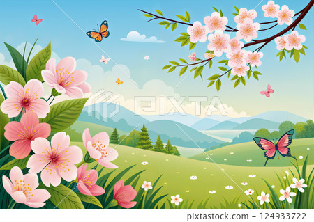 Colorful Butterflies and Blooming Flowers in a Serene Landscape With Mountains Under a Blue Sky 124933722