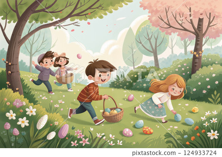 Children Joyfully Hunting for Easter Eggs in a Blooming Spring Landscape 124933724