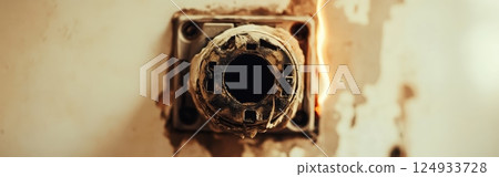 Burnt Electrical Socket - Close-up of Damaged Outlet from Overuse or Fault 124933728