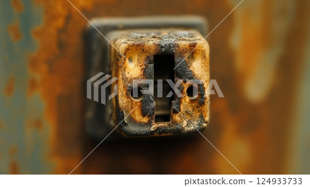 Burnt Electrical Socket - Close-up of Damaged Outlet from Overuse or Fault 124933733