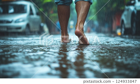 Barefoot Person Standing in Flooded Street After Heavy Rainfall 124933847