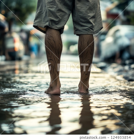 Barefoot Person Standing in Flooded Street After Heavy Rainfall Barefoot Person Standing in Flooded Street After Heavy Rainfall 124933854