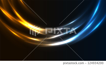Bright blue orange neon curved wavy lines abstract technology background 124934200