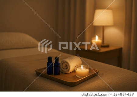 Aromatherapy using candles in a room at night 124934437
