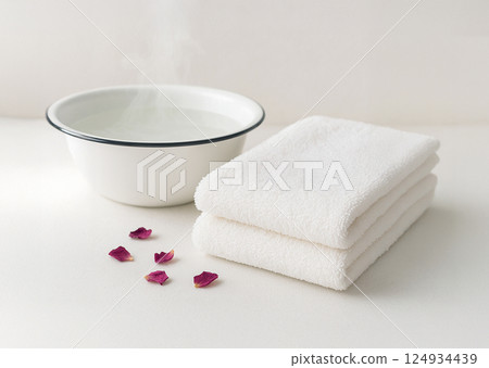 Clean white towels and washbasin 124934439