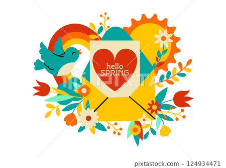 Vector spring card for printing. Colorful cartoon illustration. Envelope, flowers, bird, rainbow, sun, Spring. Universal design for decoration of greeting cards, flyers and invitations. Vector spring card for printing. Colorful cartoon illustration. Envelope, flowers, bird, rainbow, sun, Spring. Universal design for decoration of greeting cards, flyers and invitations. 124934471