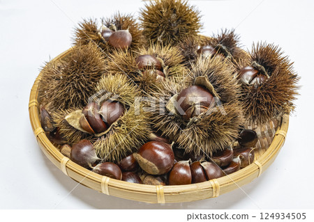 A delicious pile of chestnuts in a colander 124934505