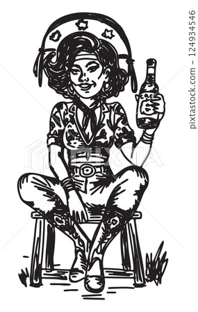 Woman in cangaceiro hat with cachaca bottle. Brazilian northeast woodcut cordel illustration 124934546