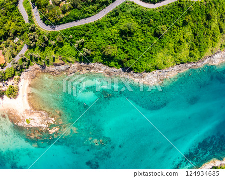 Beautiful seashore nature landscape in phuket Thailand,Amazing landscape waves crashing on rock in summer season background,Wide angle view drone shot Beautiful seashore nature landscape in phuket Thailand,Amazing landscape waves crashing on rock in summer season background,Wide angle view drone shot 124934685