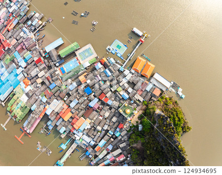 Aerial view of Panyee island in Phang Nga Thailand,Wide angle landscape Floating village, Koh Panyee fishing village island in Phang Nga, Thailand Aerial view of Panyee island in Phang Nga Thailand,Wide angle landscape Floating village, Koh Panyee fishing village island in Phang Nga, Thailand 124934695