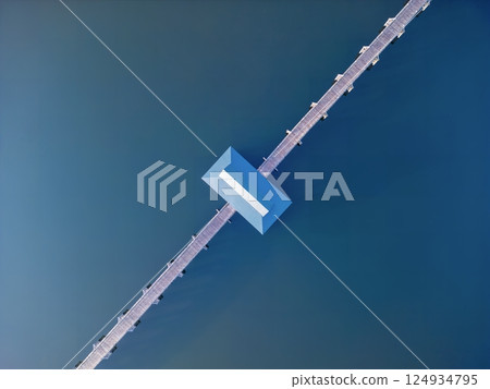 Aerial view of Tsuru no Mai Bridge and Mount Iwaki in Aomori Prefecture, Tsuruta Town 124934795