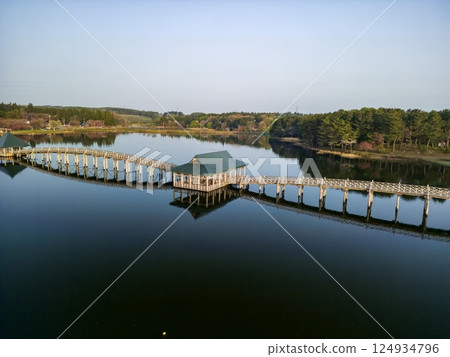 Aerial view of Tsuru no Mai Bridge and Mount Iwaki in Aomori Prefecture, Tsuruta Town 124934796