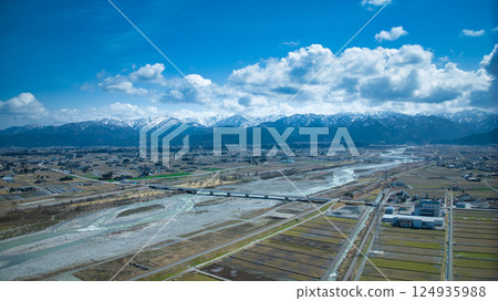 The Kurobe River alluvial fan in early spring and transportation infrastructure such as expressways and the Shinkansen The Kurobe River alluvial fan in early spring and transportation infrastructure such as expressways and the Shinkansen 124935988