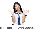 young woman in japanese student cosplay uniform on white background 124936090