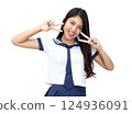 young woman in japanese student cosplay uniform on white background 124936091