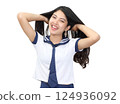 young woman in japanese student cosplay uniform on white background 124936092