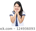 young woman in japanese student cosplay uniform on white background 124936093
