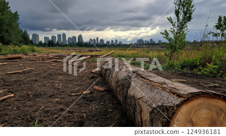 once thriving ecosystem reduced to dirt and scattered logs, showcasing urban encroachment 124936181