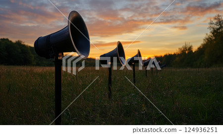 row of loudspeakers in serene countryside at sunset row of loudspeakers in serene countryside at sunset 124936251