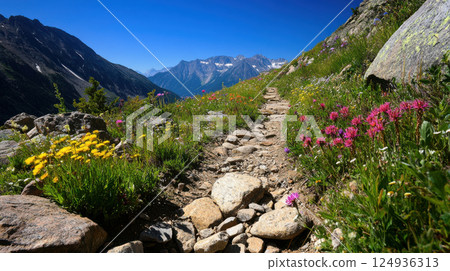 scenic mountain trail surrounded by vibrant wildflowers and rocky paths 124936313
