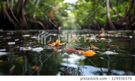 serene river filled with floating leaves and plastic debris, reflecting nature beauty and 124936378
