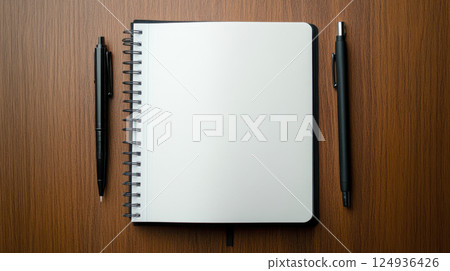 minimalistic desk setup featuring blank notebook and pens, inviting creativity minimalistic desk setup featuring blank notebook and pens, inviting creativity 124936426
