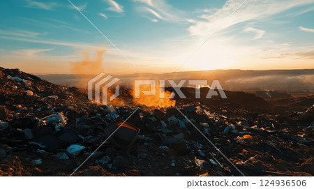 massive dump of electronic waste emitting smoke at sunset massive dump of electronic waste emitting smoke at sunset 124936506