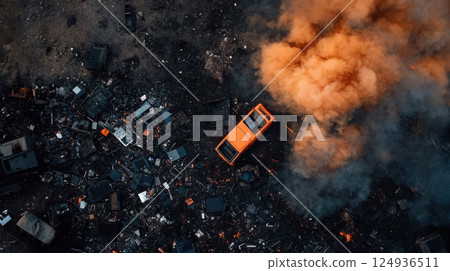 Aerial view of massive e waste dump with smoke and discarded electronics 124936511