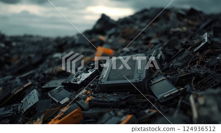 Discarded electronics in massive e waste dump, showcasing environmental impact 124936512