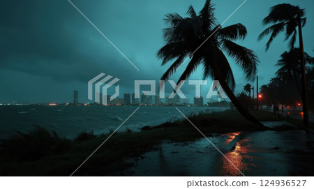 massive hurricane over coastal city with strong winds and rain 124936527