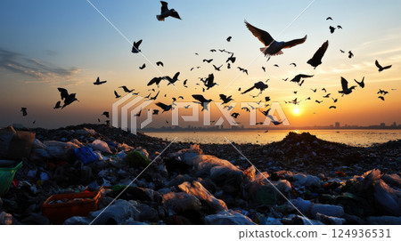 massive landfill overflowing with garbage and birds flying at sunset massive landfill overflowing with garbage and birds flying at sunset 124936531