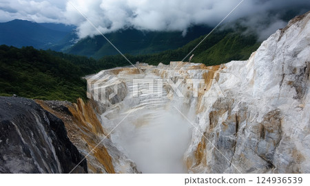 massive open pit mine with terraced excavation and dust clouds massive open pit mine with terraced excavation and dust clouds 124936539