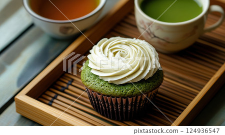 matcha green tea cupcake with white chocolate frosting on wooden tray matcha green tea cupcake with white chocolate frosting on wooden tray 124936547