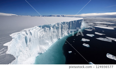 stunning view of melting polar ice sheet bright sunny sky, showcasing contrast between ice and stunning view of melting polar ice sheet bright sunny sky, showcasing contrast between ice and 124936577