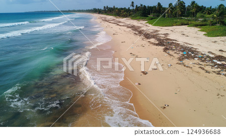 beautiful beach with murky water and litter scattered along shore 124936688