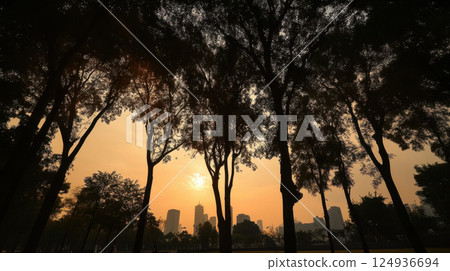 serene urban park at sunset, with silhouetted trees and city skyline 124936694