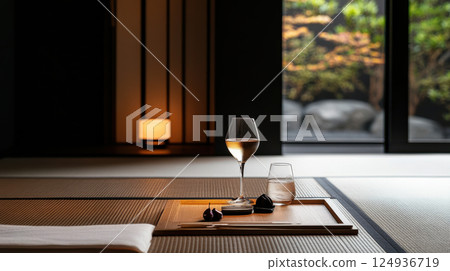 serene Japanese style setting featuring sake and glass of plum wine serene Japanese style setting featuring sake and glass of plum wine 124936719