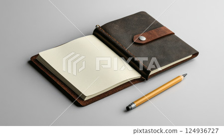 leather journal with blank pages and pencil beside it, perfect for notes leather journal with blank pages and pencil beside it, perfect for notes 124936727