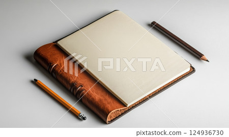 leather journal with blank pages and pencils on table 124936730