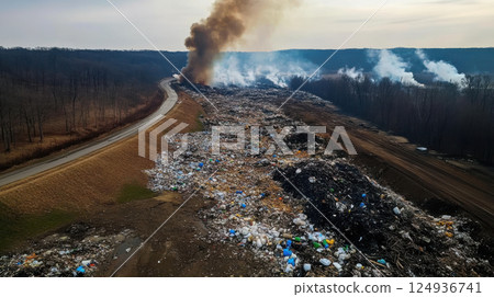 landfill overflowing with plastic waste and smoke rising from fires 124936741