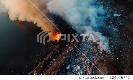 landfill emitting smoke and flames, highlighting environmental issues landfill emitting smoke and flames, highlighting environmental issues 124936742