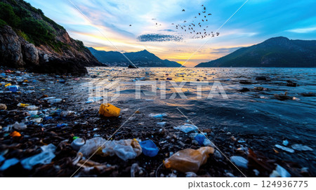 large oceanic garbage patch with plastic waste on shore at sunset 124936775