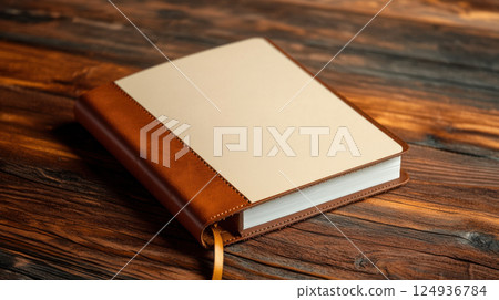 vintage leather bound journal with empty pages on wooden table 124936784