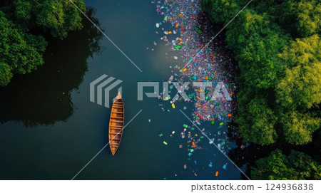 Aerial view of river with boat surrounded by plastic waste and greenery 124936838