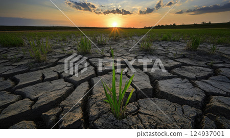 Dried cracked earth with single green plant under sunset sky 124937001