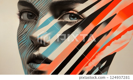 Abstract portrait of a woman with vibrant streaks of color across her face. 124937281
