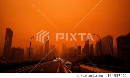 dystopian city skyline shrouded in orange haze, showcasing pollution dystopian city skyline shrouded in orange haze, showcasing pollution 124937411
