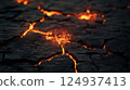 Cracked ground with glowing lava, depicting extreme heat and destruction 124937413