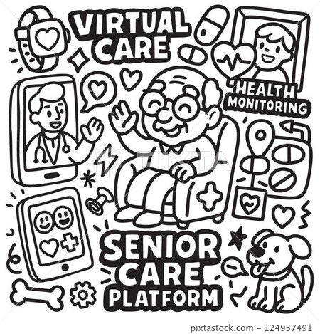 Senior care virtual platform doodle illustration 124937491